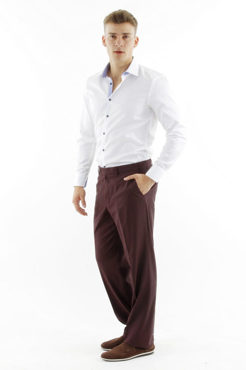 Burgundy 6 Drop Regular Fit Standard Cut Classic Fabric Trousers