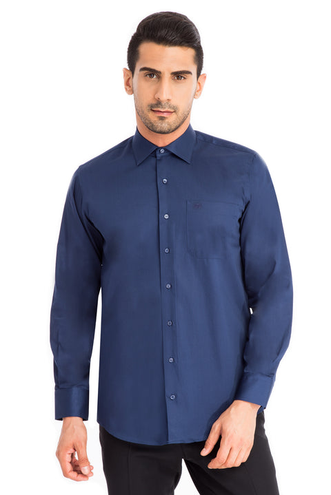 Navy Blue Long-Sleeve Classic Satin Cotton Shirt