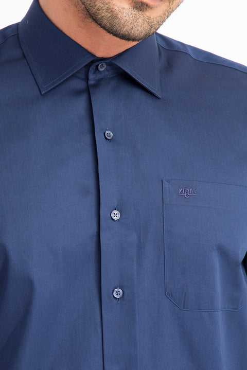 Navy Blue Long-Sleeve Classic Satin Cotton Shirt