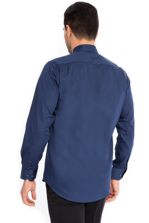 Navy Blue Long-Sleeve Classic Satin Cotton Shirt