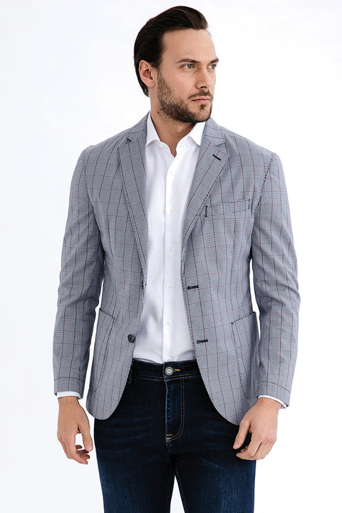 Burgundy 6 Drop Regular Fit Standard Cut Plaid Sport Cotton Jacket