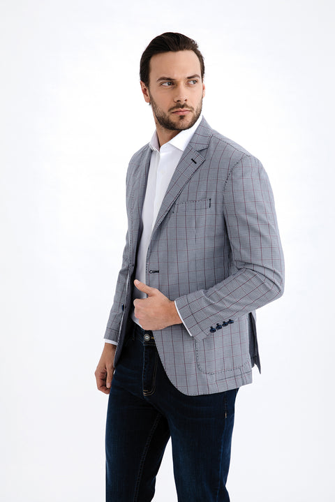 Burgundy 6 Drop Regular Fit Standard Cut Plaid Sport Cotton Jacket