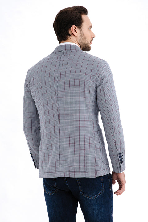 Burgundy 6 Drop Regular Fit Standard Cut Plaid Sport Cotton Jacket