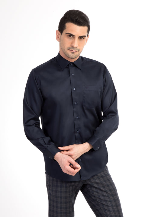 Navy Blue Long-Sleeve Classic Satin Cotton Shirt