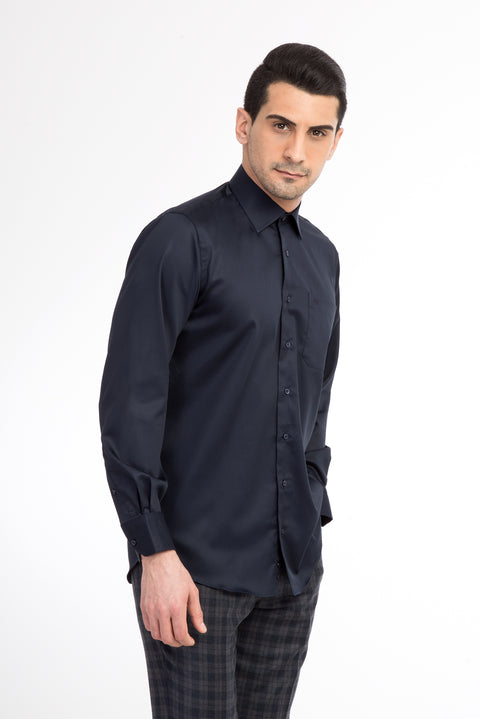 Navy Blue Long-Sleeve Classic Satin Cotton Shirt