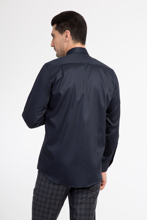 Navy Blue Long-Sleeve Classic Satin Cotton Shirt
