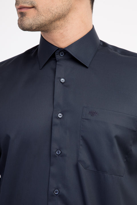 Navy Blue Long-Sleeve Classic Satin Cotton Shirt