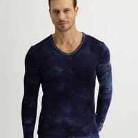 Navy Blue V-Neck Batik Patterned Sweatshirt