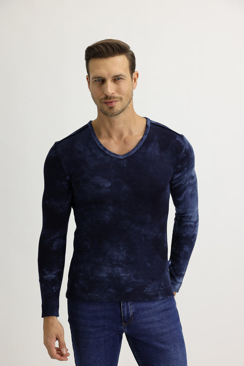 Navy Blue V-Neck Batik Patterned Sweatshirt