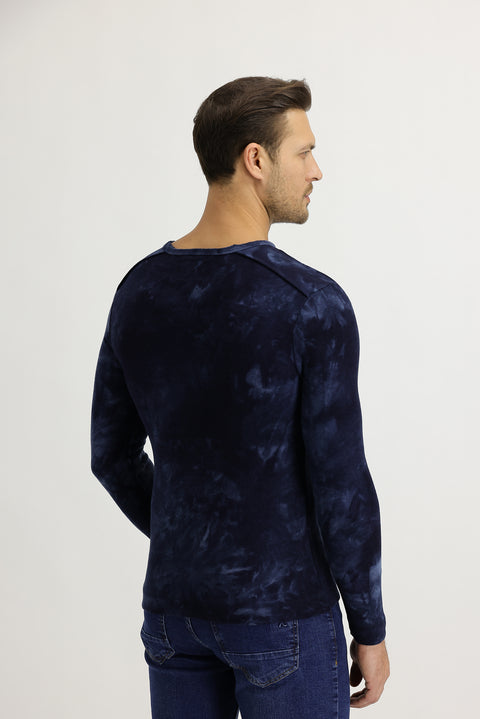 Navy Blue V-Neck Batik Patterned Sweatshirt