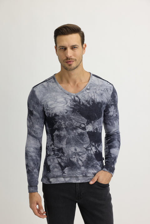 Anthracite V-Neck Batik Patterned Sweatshirt