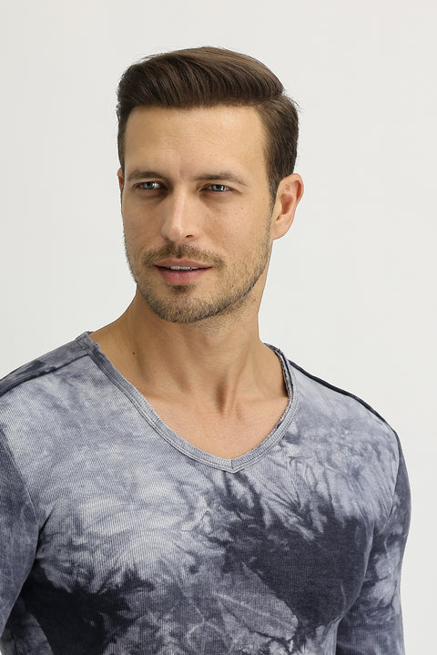 Anthracite V-Neck Batik Patterned Sweatshirt