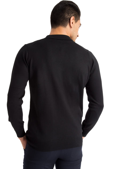 Siyah Polo Yaka Regular Fit Yünlü Triko Kazak