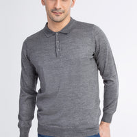 Medium Gray Polo Collar Regular Fit Wool Knit Sweater