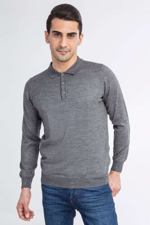 Medium Gray Polo Collar Regular Fit Wool Knit Sweater