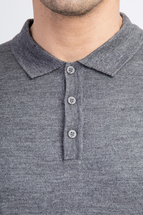 Medium Gray Polo Collar Regular Fit Wool Knit Sweater