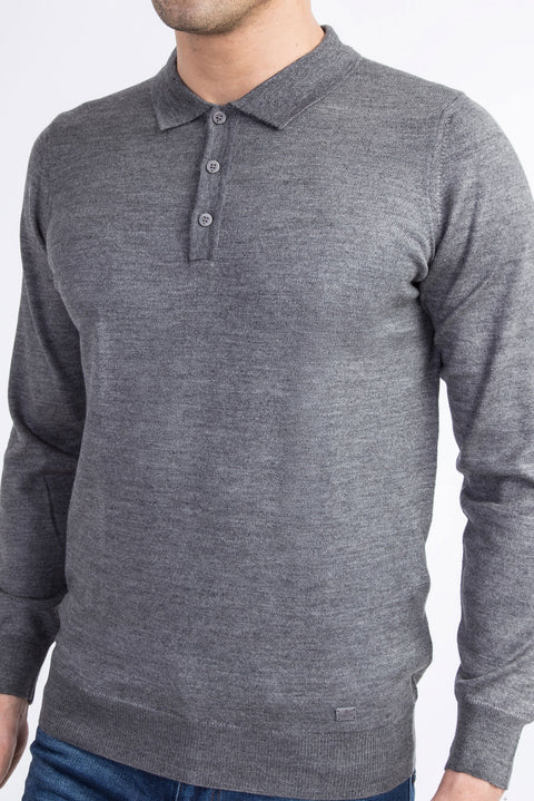 Medium Gray Polo Collar Regular Fit Wool Knit Sweater