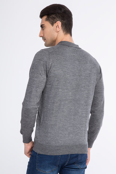 Medium Gray Polo Collar Regular Fit Wool Knit Sweater