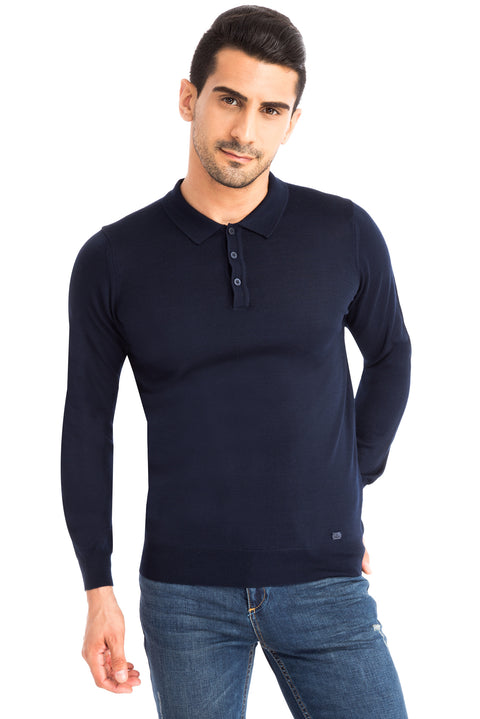 Navy Blue Polo Collar Regular Fit Wool Knit Sweater