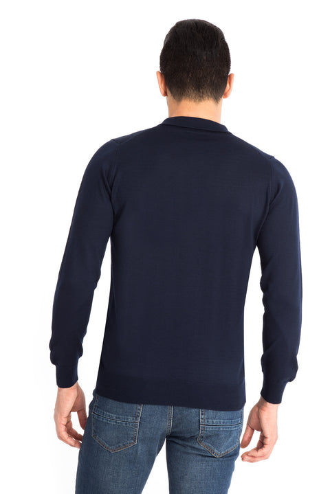 Navy Blue Polo Collar Regular Fit Wool Knit Sweater