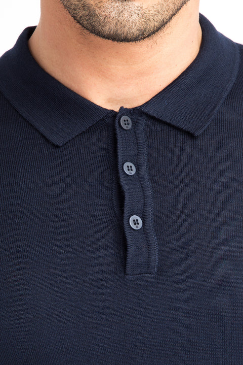 Navy Blue Polo Collar Regular Fit Wool Knit Sweater
