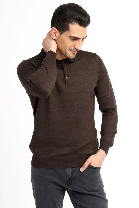 Coffee Brown Polo Collar Regular Fit Wool Knit Sweater