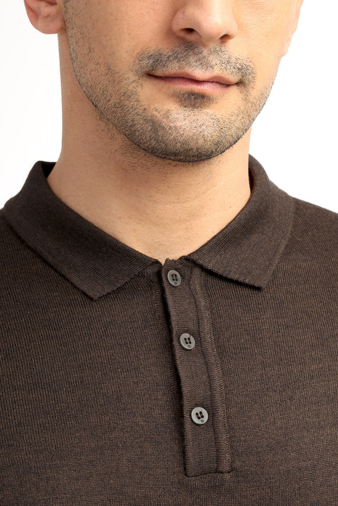 Coffee Brown Polo Collar Regular Fit Wool Knit Sweater