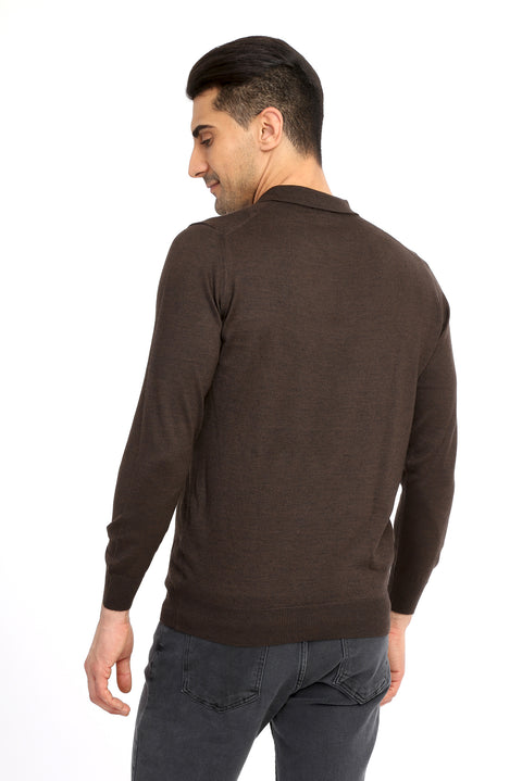 Coffee Brown Polo Collar Regular Fit Wool Knit Sweater