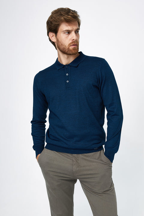 Petrol Polo Collar Regular Fit Wool Knit Sweater