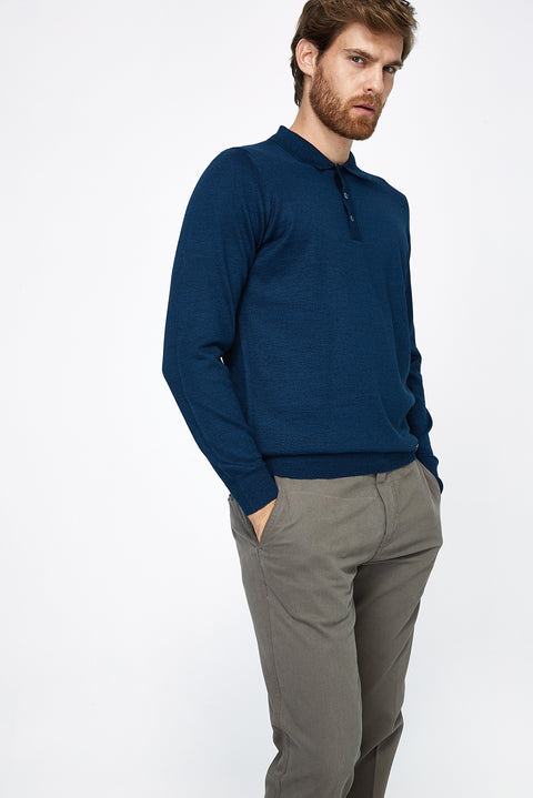 Petrol Polo Collar Regular Fit Wool Knit Sweater