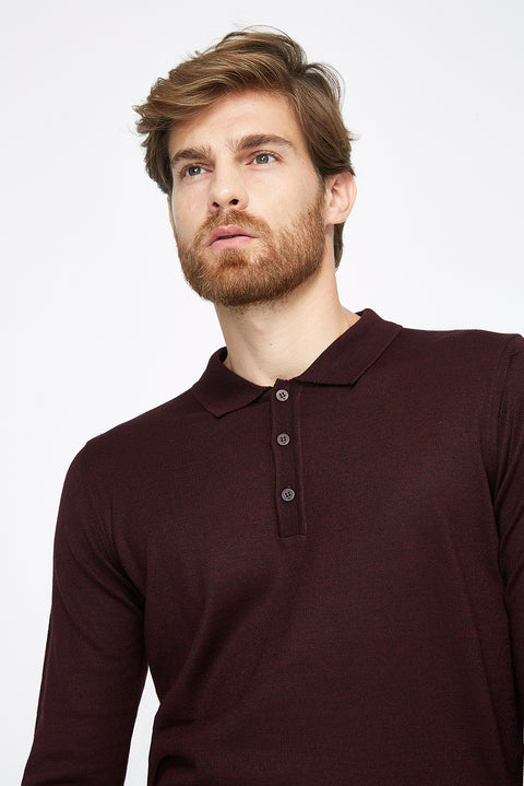 Burgundy Polo Collar Regular Fit Wool Knit Sweater