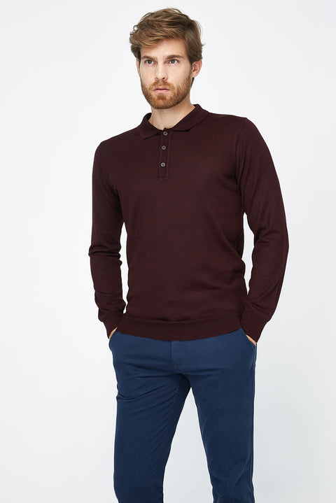 Burgundy Polo Collar Regular Fit Wool Knit Sweater