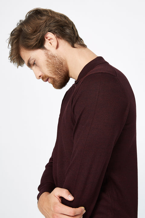 Burgundy Polo Collar Regular Fit Wool Knit Sweater