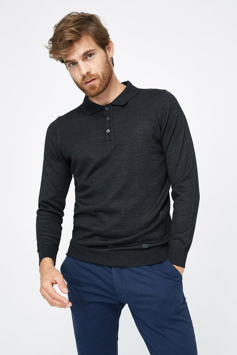 Antrasit Polo Yaka Regular Fit Yünlü Triko Kazak