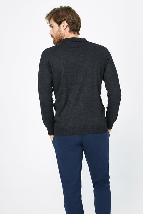 Antrasit Polo Yaka Regular Fit Yünlü Triko Kazak