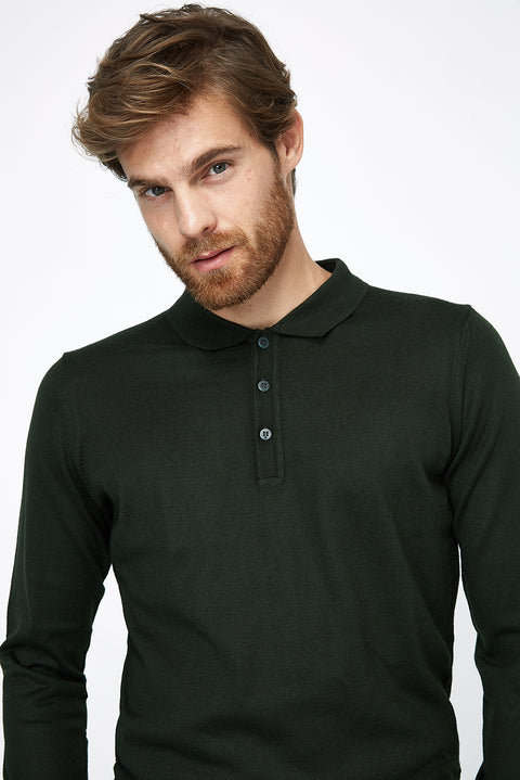 Dark Green Polo Collar Regular Fit Wool Knit Sweater