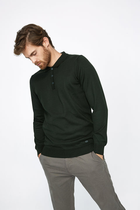 Dark Green Polo Collar Regular Fit Wool Knit Sweater