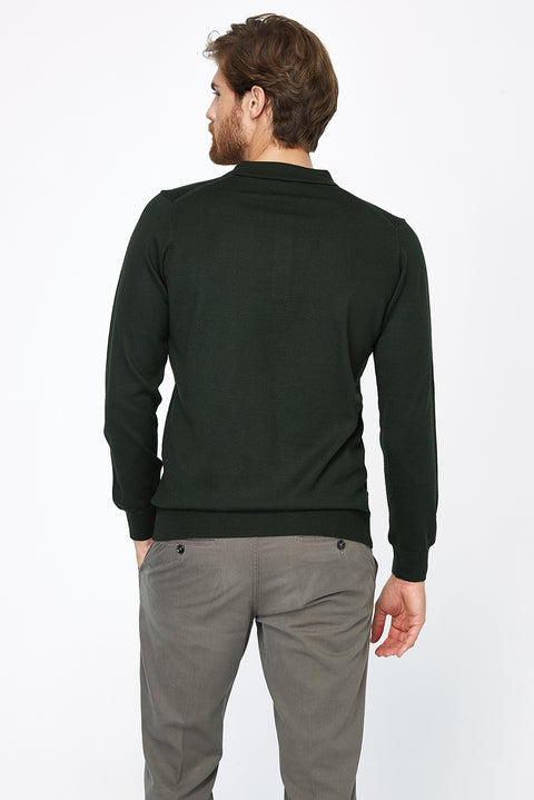 Dark Green Polo Collar Regular Fit Wool Knit Sweater
