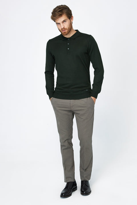 Dark Green Polo Collar Regular Fit Wool Knit Sweater