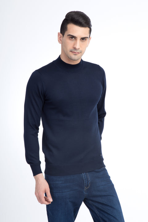 Navy Blue Half Turtleneck Regular Fit Wool Knit Sweater