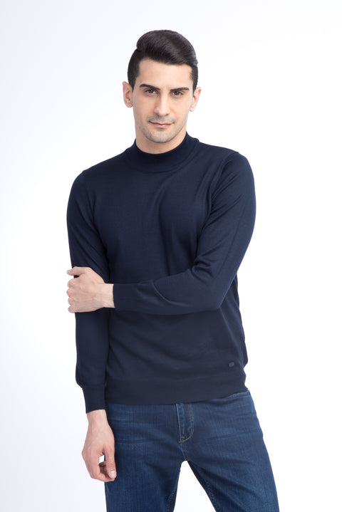 Navy Blue Half Turtleneck Regular Fit Wool Knit Sweater