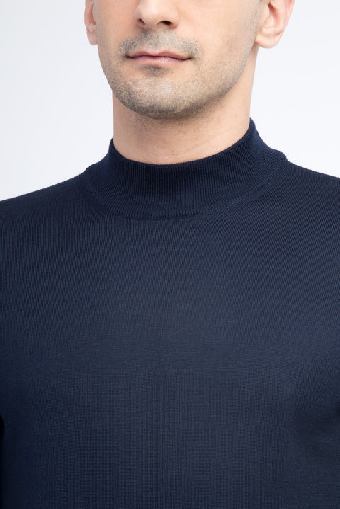 Navy Blue Half Turtleneck Regular Fit Wool Knit Sweater