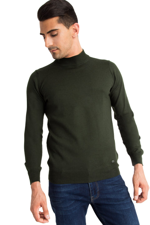 Dark Green Semi-Turtleneck Regular Fit Wool Knit Sweater