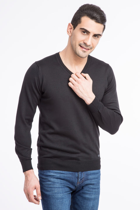 Black V-Neck Wool Knit Sweater