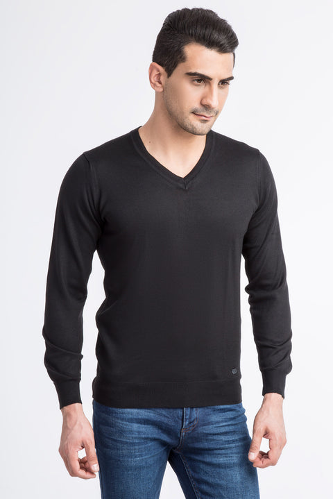 Black V-Neck Wool Knit Sweater
