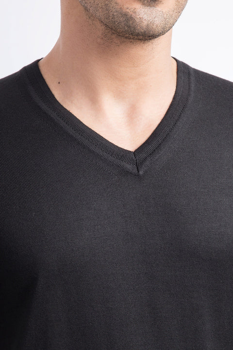 Black V-Neck Wool Knit Sweater