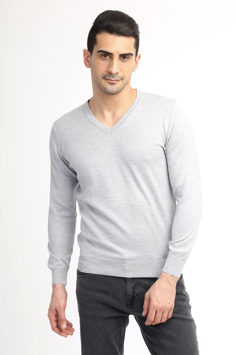 Light Grey V-Neck Regular Fit Wool Knit Sweater