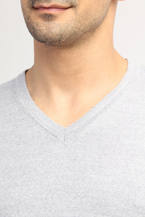 Light Grey V-Neck Regular Fit Wool Knit Sweater