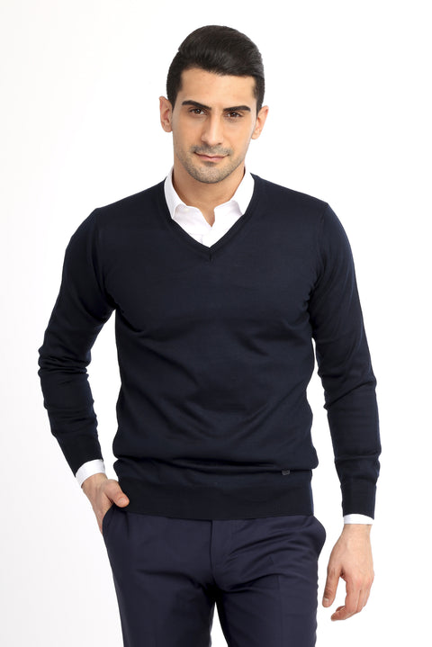 Navy Blue V-Neck Regular Fit Wool Knit Sweater