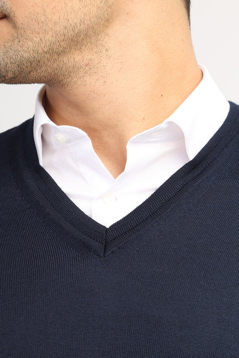 Navy Blue V-Neck Regular Fit Wool Knit Sweater